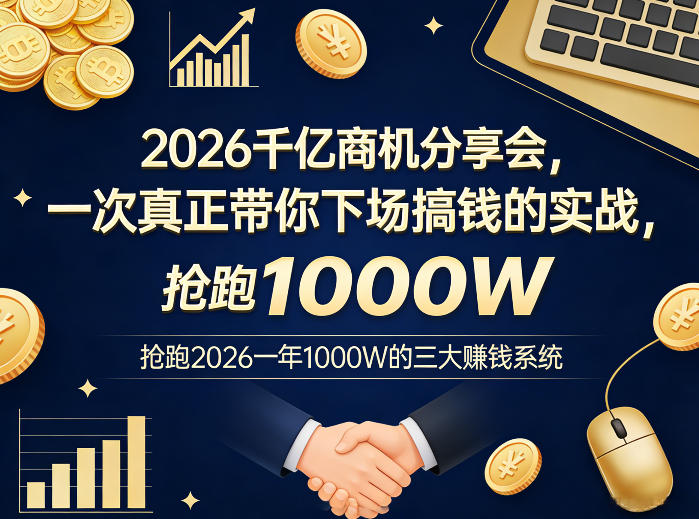 22026千亿商机分享会，一次真正带你下场搞钱的实战，抢跑2026一年1000W的三大賺钱系统
课程介绍：

这不是一场普通的课程，而是一次真正带你下场搞钱的实战。如果你2026年想换个活法，不想再原地踏步，那这个事儿，你得听进去。我花了一年时间，砸了七位数，把宠物电商从0干到行业第一。现在，我把我跑通的整套体系——从起号、文案、选品到变现——全部拆给你看。你不需要什么资源，也不用懂技术。我要做的，是让你真正站上风口，靠自己賺到钱，在2026年完成一次漂亮的翻身。

课程目录：

抢跑2026，三大賺钱系统【时长：5小时】.mp4

*提示：本文仅为课程介绍，不构成任何收益承诺，变现效果因人而异，需结合自身努力与实操，合理运用课程所学内容，同时严格遵守平台相关规则与相关法律法规。*

<div style=