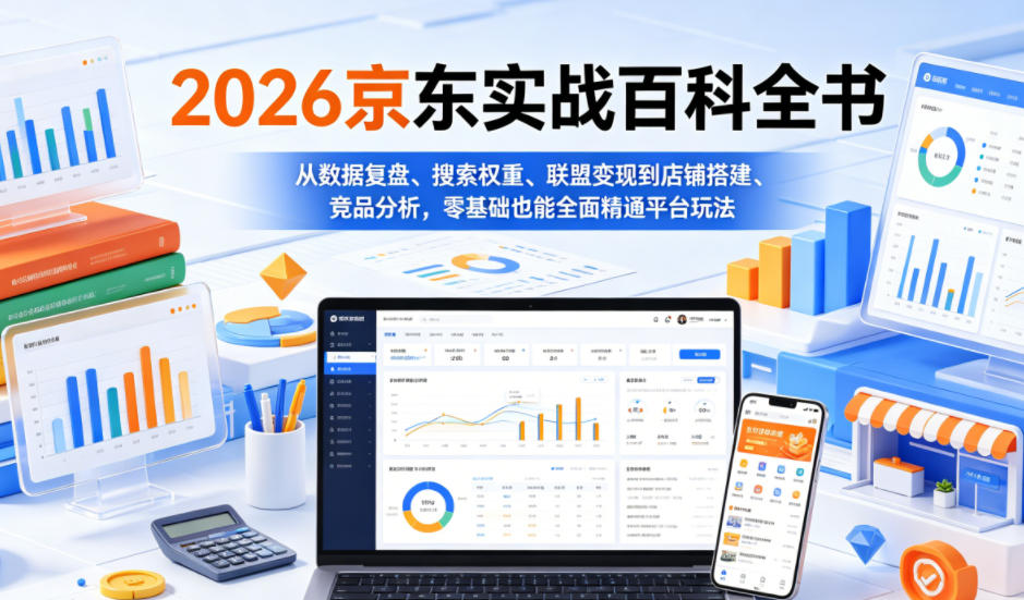 “2026京东实战百科全书，从数据复盘、搜索权重、联盟变现到店铺搭建、竞品分析，零基础也能全面精通平台玩法