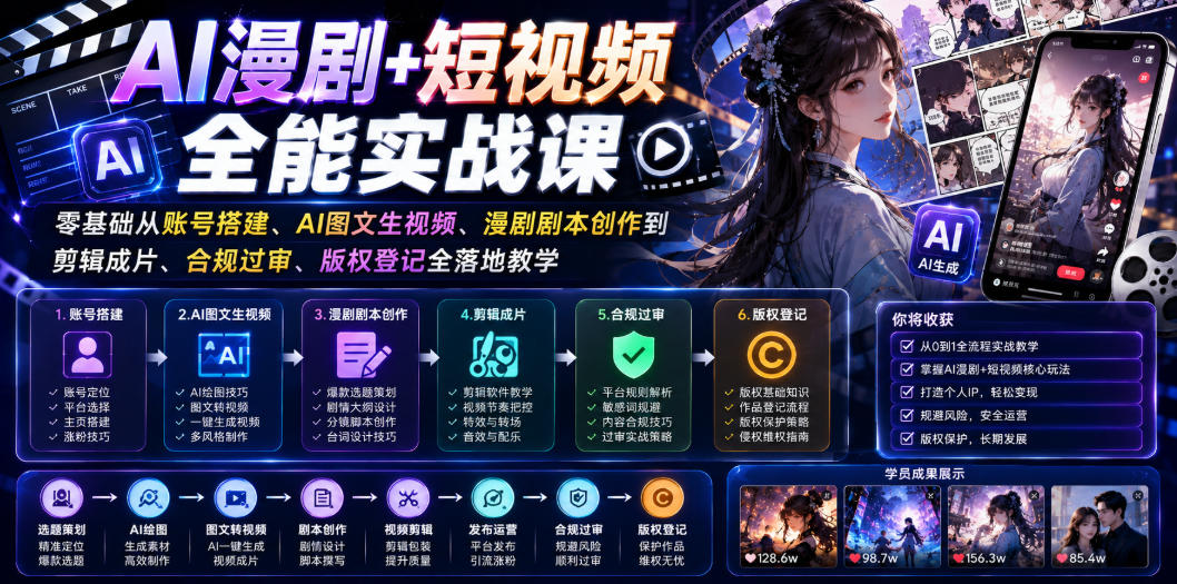 AI漫剧+短视频全能实战课｜零基础从账号搭建、AI图文生视频、漫剧剧本创作到剪辑成片、合规过审、版权登记全落地教