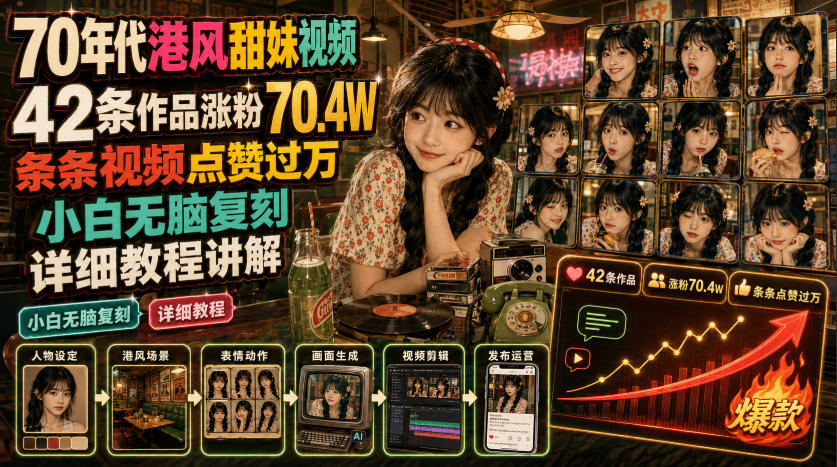 0年代港风甜妹视频，42条作品涨粉70.4W，条条视频点赞过万，小白无脑复刻，详细教程讲解