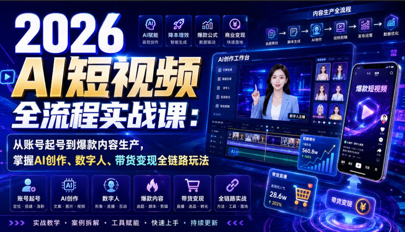 2026 AI短视频实战课:涵盖账号运营、爆款内容、AI创作、数字人及带货变现全流程。 2026 AI短视频实战课:涵盖账号运营、爆款内容、AI创作、数字人及带货变现全流程。