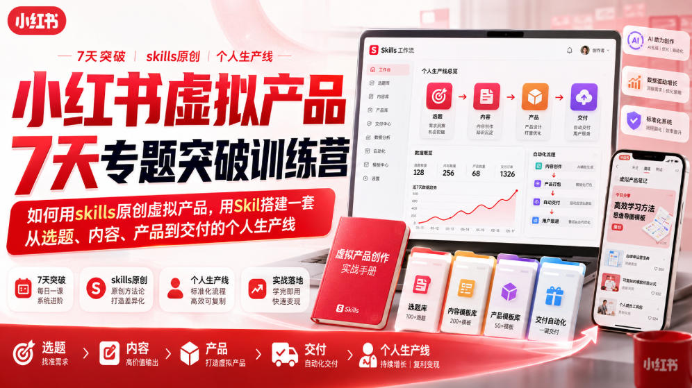 小红书虚拟产品7天专题突破训练营：学习如何利用技能原创虚拟产品，并搭建一套从选题、内容、产品到交付的个人生产线。