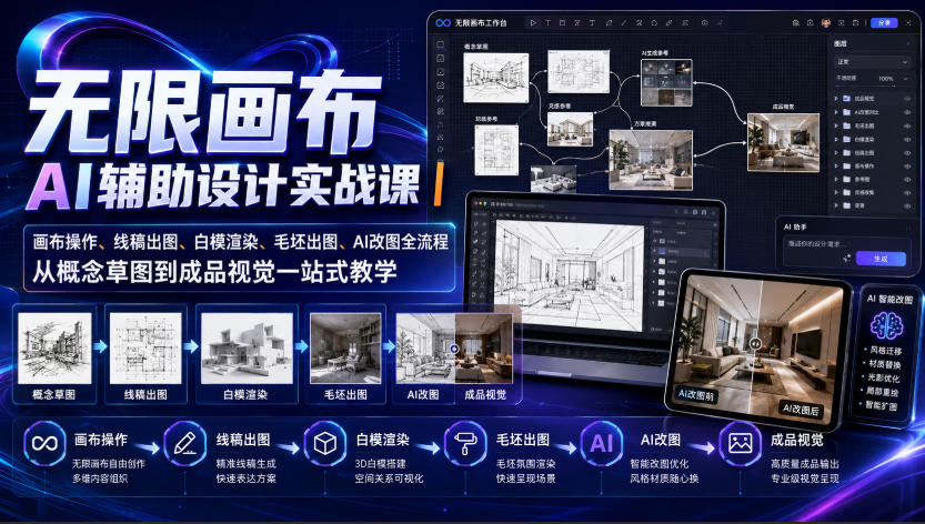 无限画布AI辅助设计实战课|画布操作、线稿出图、白模渲染、毛坯出图、AI改图全流程,从概念草图到成品视觉一站式教学 无限画布AI辅助设计实战课|画布操作、线稿出图、白模渲染、毛坯出图、AI改图全流程,从概念草图到成品视觉一站式教学