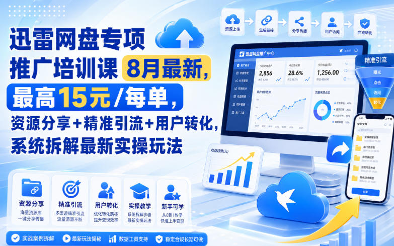 迅雷网盘专项推广培训课8月最新,最高15米/每单,资源分享+精准引流+用户转化,系统拆解最新实操玩法(更新0827) 迅雷网盘专项推广培训课8月最新,最高15米/每单,资源分享+精准引流+用户转化,系统拆解最新实操玩法(更新0827)