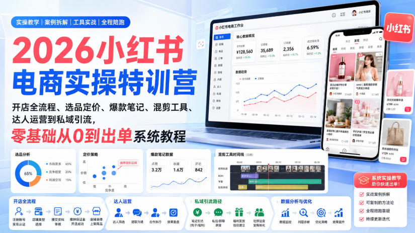 2026小红书电商实操特训营|开店全流程、选品定价、爆款笔记、混剪工具、达人运营到私域引流,零基础从0到出单系统教程 2026小红书电商实操特训营|开店全流程、选品定价、爆款笔记、混剪工具、达人运营到私域引流,零基础从0到出单系统教程