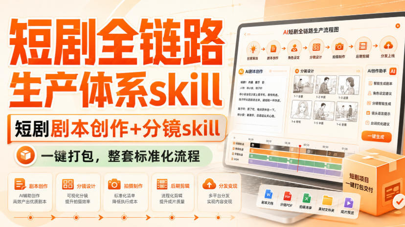 短剧全链路生产体系skill,短剧剧本创作+分镜skill,一键打包,整套标准化流程 短剧全链路生产体系skill,短剧剧本创作+分镜skill,一键打包,整套标准化流程