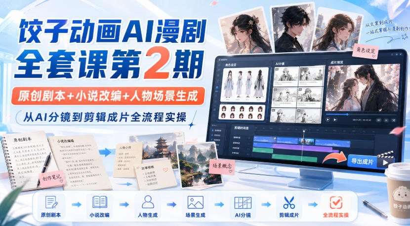 饺子动画AI漫剧全套课第2期:原创剧本+小说改编+人物场景生成,从AI分镜到剪辑成片全流程实操 饺子动画AI漫剧全套课第2期:原创剧本+小说改编+人物场景生成,从AI分镜到剪辑成片全流程实操