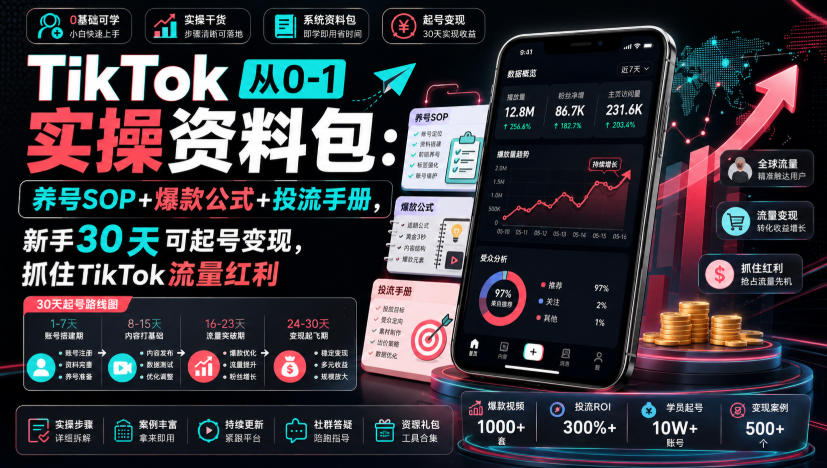 TikTok从0-1实操资料包：养号SOP+爆款公式+投流手册，新手30天可起号变现，抓住TikTok流量红利