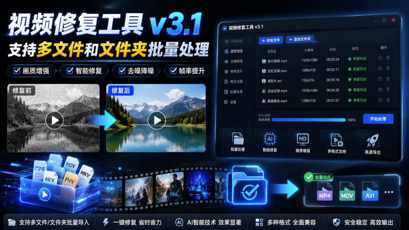 视频修复工具v3.1,支持多文件和文件夹批量处理 视频修复工具v3.1,支持多文件和文件夹批量处理