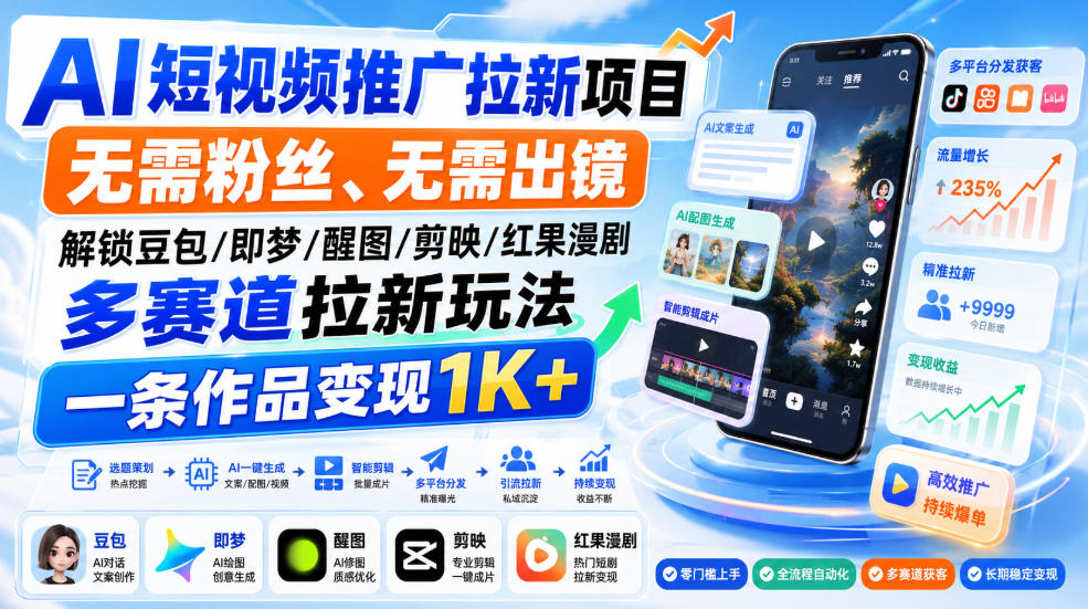 AI短视频推广拉新项目,无需粉丝、无需出镜,解锁豆包/即梦/醒图/剪映/红果漫剧多赛道拉新玩法,一条作品变现1K+ AI短视频推广拉新项目,无需粉丝、无需出镜,解锁豆包/即梦/醒图/剪映/红果漫剧多赛道拉新玩法,一条作品变现1K+