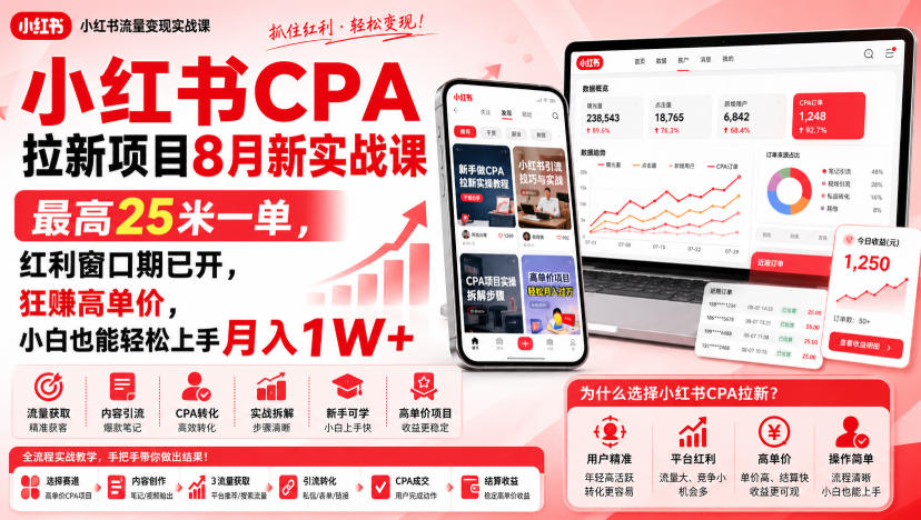 小红书CPA拉新项目8月新实战课，最高25米一单，红利窗口期已开，狂賺高单价，小白也能轻松上手月入1W+（更新0824）