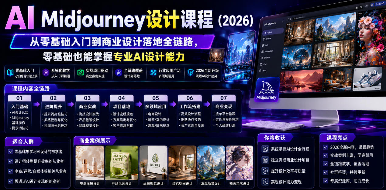 AI Midjourney设计课程(2026),从零基础入门到商业设计落地全链路,零基础也能掌握专业AI设计能力(更新0913) AI Midjourney设计课程(2026),从零基础入门到商业设计落地全链路,零基础也能掌握专业AI设计能力(更新0913)