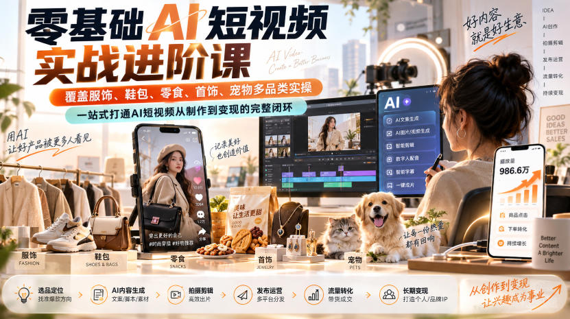 零基础AI短视频实战进阶课,覆盖服饰、鞋包、零食、首饰、宠物多品类实操,一站式打通AI短视频从制作到变现的完整闭环 零基础AI短视频实战进阶课,覆盖服饰、鞋包、零食、首饰、宠物多品类实操,一站式打通AI短视频从制作到变现的完整闭环
