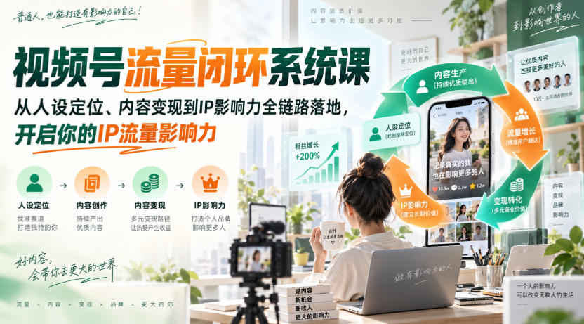 视频号流量闭环系统课,从人设定位、内容变现到IP影响力全链路落地,开启你的IP流量影响力 视频号流量闭环系统课,从人设定位、内容变现到IP影响力全链路落地,开启你的IP流量影响力