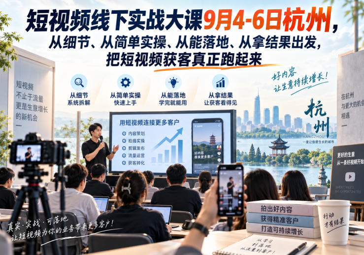 短视频线下实战大课9月4-6日杭州,从细节、从简单实操、从能落地、从拿结果出发,把短视频获客真正跑起来(更新) 短视频线下实战大课9月4-6日杭州,从细节、从简单实操、从能落地、从拿结果出发,把短视频获客真正跑起来(更新)
