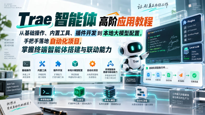Trae智能体高阶应用教程,从基础操作、内置工具、插件开发到本地大模型配置,手把手落地自动化项目 Trae智能体高阶应用教程,从基础操作、内置工具、插件开发到本地大模型配置,手把手落地自动化项目