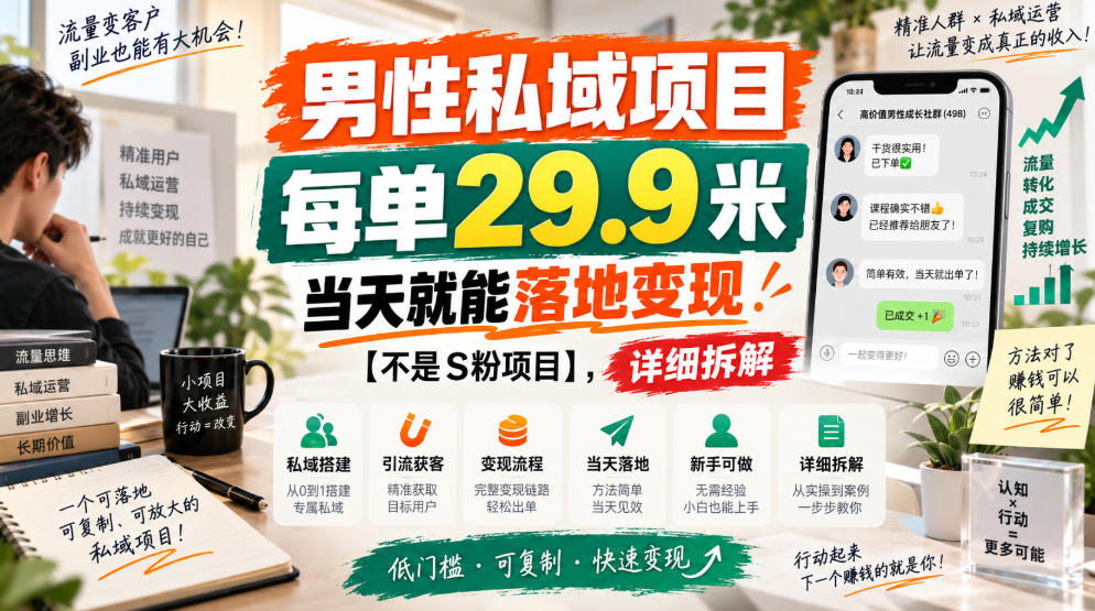 男性私域项目,每单29.9米,当天就能落地变现【不是S粉项目】,详细拆解 男性私域项目,每单29.9米,当天就能落地变现【不是S粉项目】,详细拆解