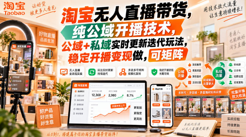 淘宝无人直播带货,纯公域开播技术,公域+私域实时更新迭代玩法,稳定开播变现做,可矩阵【揭秘】 淘宝无人直播带货,纯公域开播技术,公域+私域实时更新迭代玩法,稳定开播变现做,可矩阵【揭秘】