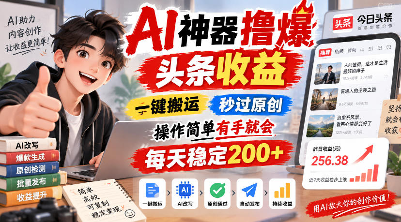 “AI神器撸爆头条收益，一键搬运，秒过原创，操作简单有手就会，每天稳定200+【揭秘】
