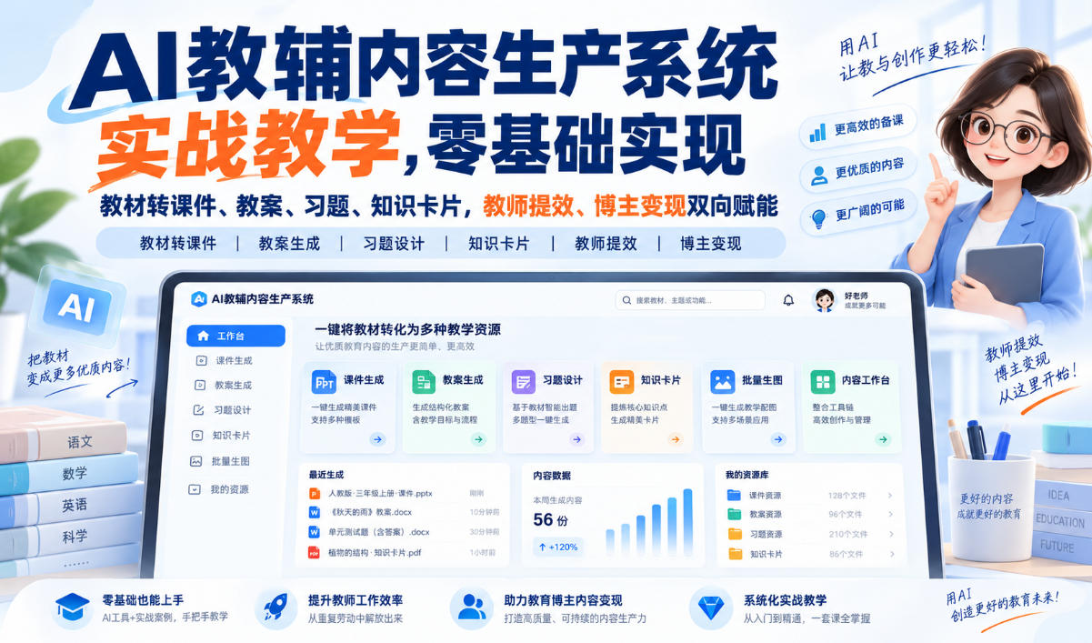 “AI教辅内容生产系统实战教学，零基础实现教材转课件、教案、习题、知识卡片，教师提效、博主变现双向赋能”