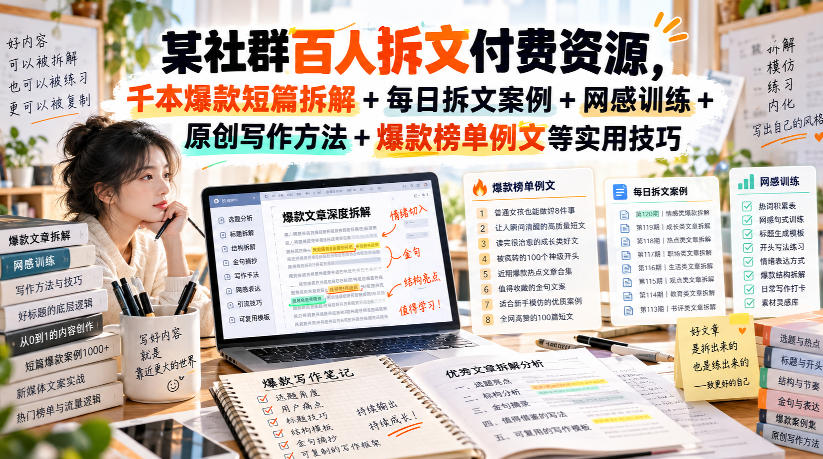 （无水印）某社群百人拆文付费资源，千本爆款短篇拆解+每日拆文案例+网感训练+原创写作方法+爆款榜单例文等实用技巧(更新0929