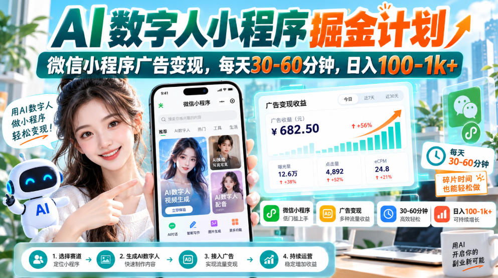 【无水印】AI数字人小程序掘金计划,微信小程序广告变现,每天30‑60分钟,日入100‑1k 【无水印】AI数字人小程序掘金计划,微信小程序广告变现,每天30‑60分钟,日入100‑1k