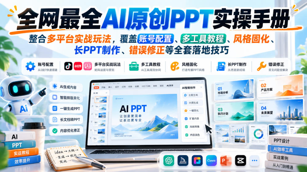 无水印】全网最全AI原创PPT实操手册,整合多平台实战玩法,覆盖账号配置、多工具教程、风格固化、长PPT制作、错误修正等全套落地技巧 无水印】全网最全AI原创PPT实操手册,整合多平台实战玩法,覆盖账号配置、多工具教程、风格固化、长PPT制作、错误修正等全套落地技巧