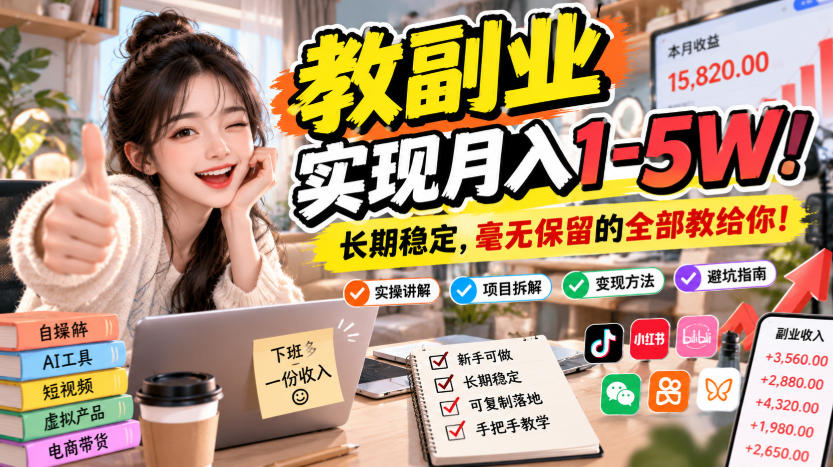 教副业”实现月入1-5W！长期稳定，毫无保留的全部教给你！【揭秘】