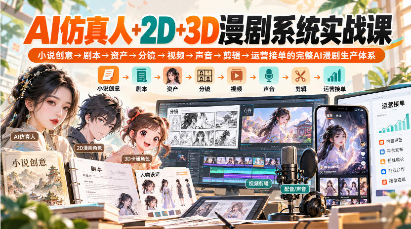AI仿真人+2D+3D漫剧系统实战课，小说创意→剧本→资产→分镜→视频→声音→剪辑→运营接单的完整AI漫剧生产体系