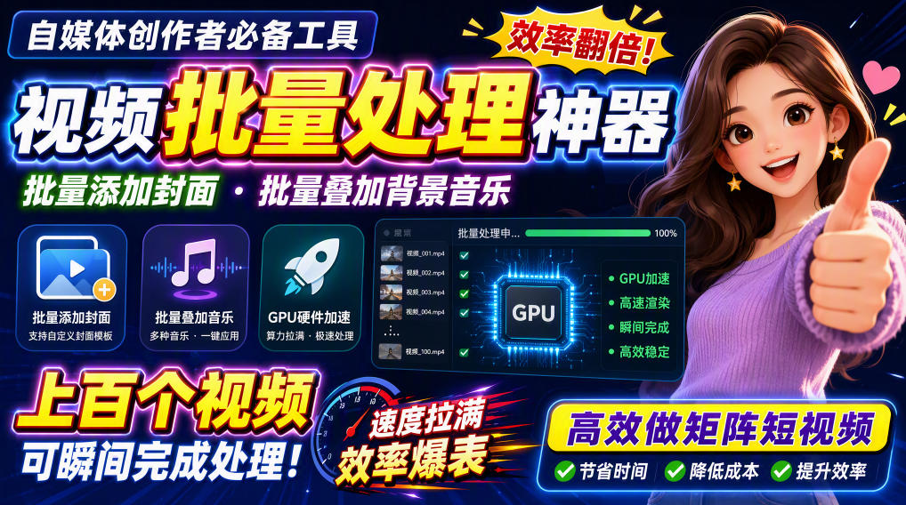 视频批量加封面，把封面添加到视频第一帧，不用剪辑软件批量添加