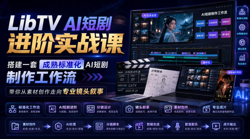 LibTV AI短剧进阶实战课：搭建标准化AI短剧制作工作流，从素材创作走向专业镜头叙事