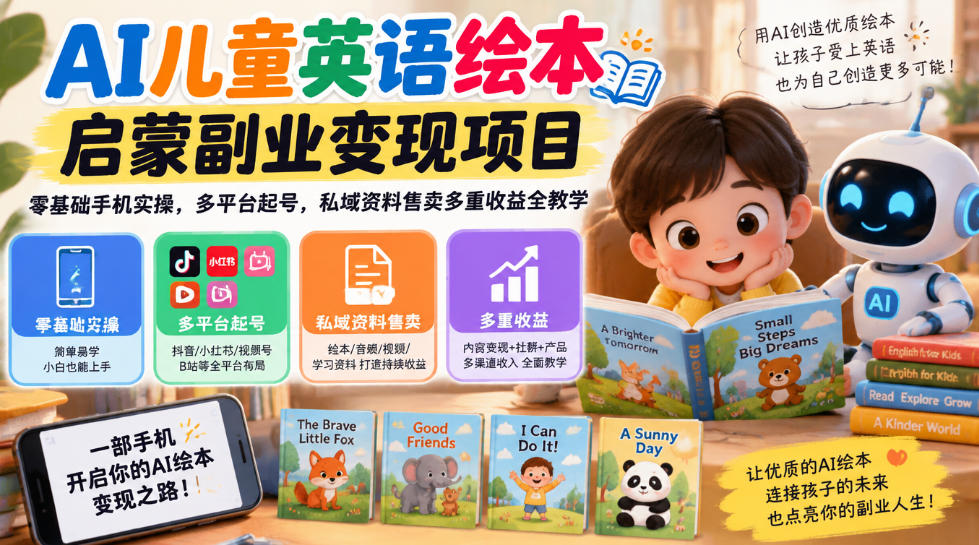 AI儿童英语绘本启蒙副业变现项目,零基础手机实操,多平台起号,私域资料售卖多重收益全教学 AI儿童英语绘本启蒙副业变现项目,零基础手机实操,多平台起号,私域资料售卖多重收益全教学