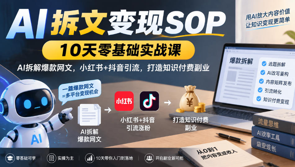 AI拆文变现SOP：10天零基础实战课，AI拆解爆款网文，小红书+抖音引流做知识付费