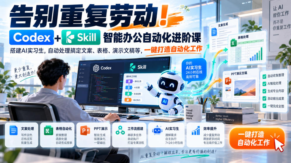 Codex+Skill智能办公自动化进阶课：搭建专属AI实习生，告别重复劳动