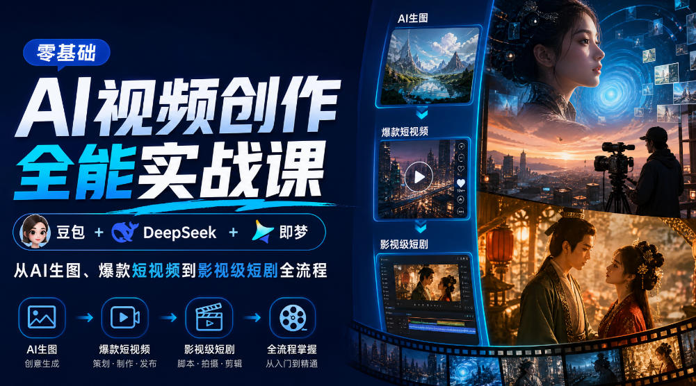 零基础AI视频创作全能实战课｜豆包+DeepSeek+即梦，从AI生图、爆款短视频到影视级短剧全流程