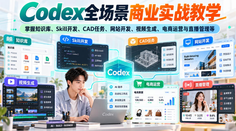 Codex全场景商业实战教学,掌握知识库、Skill开发、CAD任务、网站开发、视频生成、电商运营与直播管理等(更新1010) Codex全场景商业实战教学,掌握知识库、Skill开发、CAD任务、网站开发、视频生成、电商运营与直播管理等(更新1010)