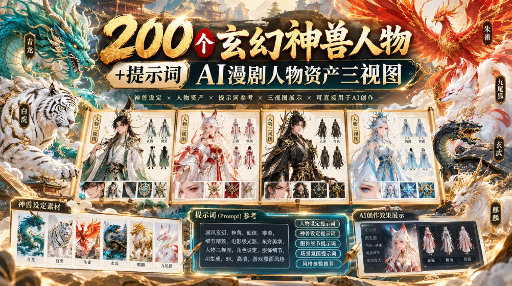 200个玄幻神兽人物+提示词ai漫剧人物资产三视图