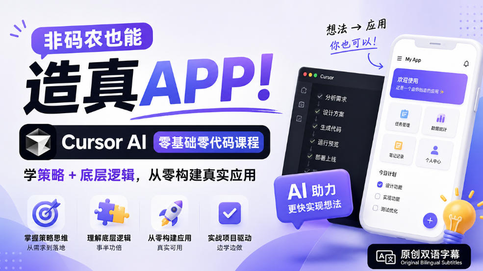 非码农也能造真APP!Cursor AI零基础零代码课程:学策略+底层逻辑,从零构建真实应用【原创双语字幕】 非码农也能造真APP!Cursor AI零基础零代码课程:学策略+底层逻辑,从零构建真实应用【原创双语字幕】