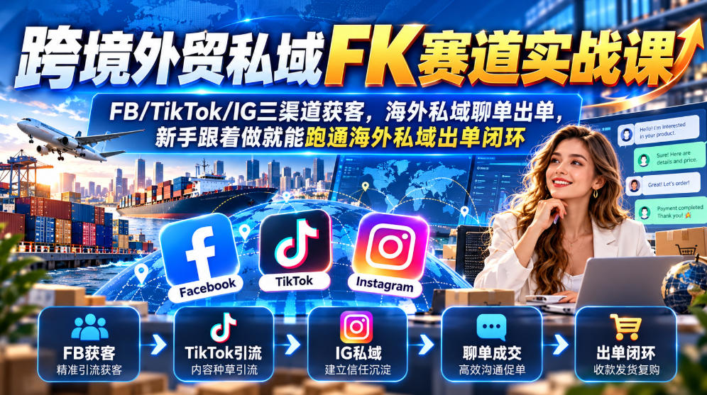 跨境外贸私域FK赛道实战课|FB/TikTok/IG三渠道获客,海外私域聊单出单,新手跟着做就能跑通海外私域出单闭环 跨境外贸私域FK赛道实战课|FB/TikTok/IG三渠道获客,海外私域聊单出单,新手跟着做就能跑通海外私域出单闭环