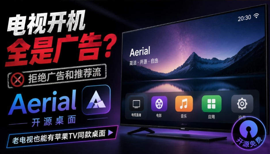 Aerial开源电视桌面：开机零广告零推荐流，老电视换上Apple TV同款桌面