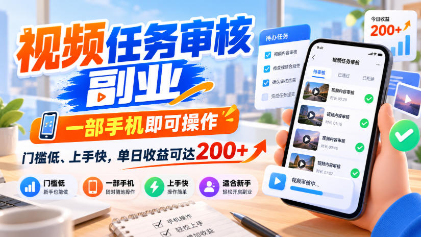 视频任务审核副业:一部手机即可操作,门槛低上手快,单日收益200+ 视频任务审核副业:一部手机即可操作,门槛低上手快,单日收益200+
