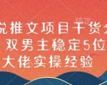 小说推文项目干货分享，双男主稳定5位数大佬实操经验