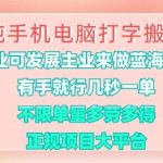 纯手机电脑打字搬砖，有手就行，几秒一单，多劳多得，正规项目大平台【揭秘】