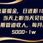 流量掘金，日进粉100+，当天上粉当天见钱，长期管道收入，每月躺挣5k