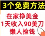 在家挣美金，3个方法 1天收入90美刀，超简单，长久被动收入，懒人捡钱