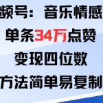 视频号分成计划新玩法：音乐情感类单条34W点赞，变现四位数，方法简单易复制