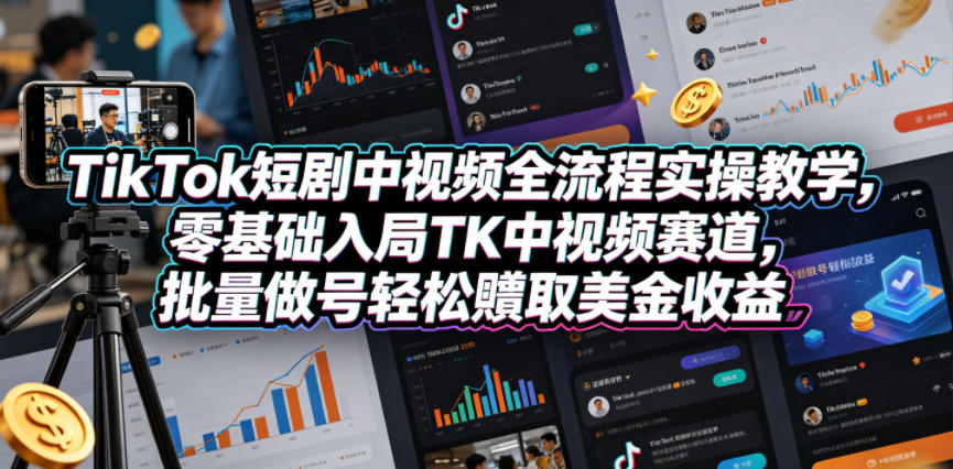 TikTok短剧中视频全流程实操教学，零基础入局TK中视频赛道，批量做号轻松賺取美金收益”