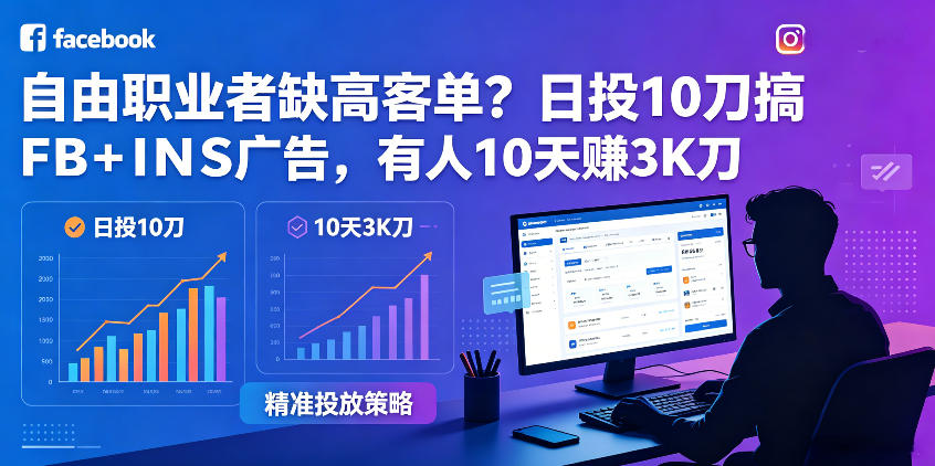 自由职业者缺高客单？日投10刀搞FB+INS广告，有人10天赚3K刀！