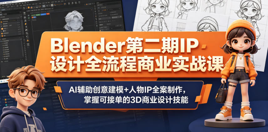 “Blender第二期IP设计全流程商业实战课，AI辅助创意建模+人物IP全案制作，掌握可接单的3D商业设计技能