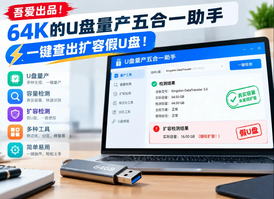 吾爱出品！64K的U盘量产五合一助手，一键查出扩容假U盘！（实操分享）
